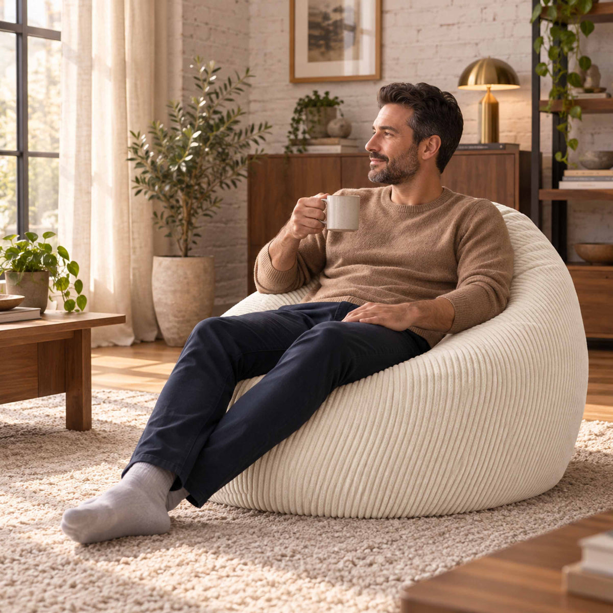 Pouf Poire Velours Côtelé Beige : pouf poire beige en velours côtelé pour salon, confort ergonomique, déjà rempli