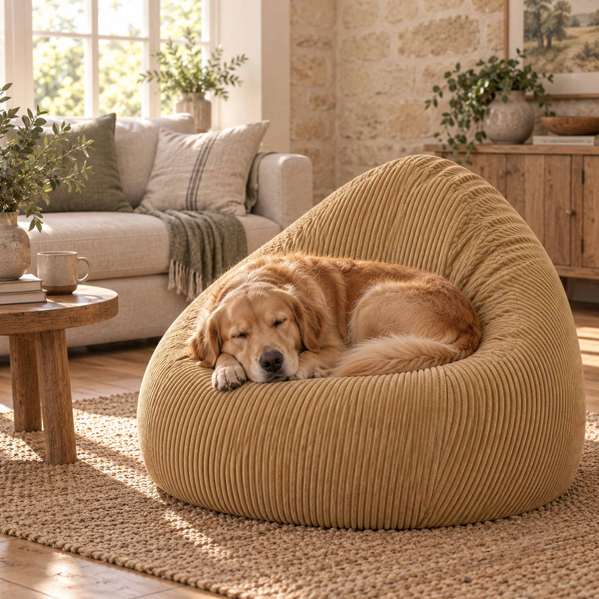 Pouf Poire Velours Côtelé Beige doré, assise confortable en velours côtelé, intérieur chaleureux avec chien