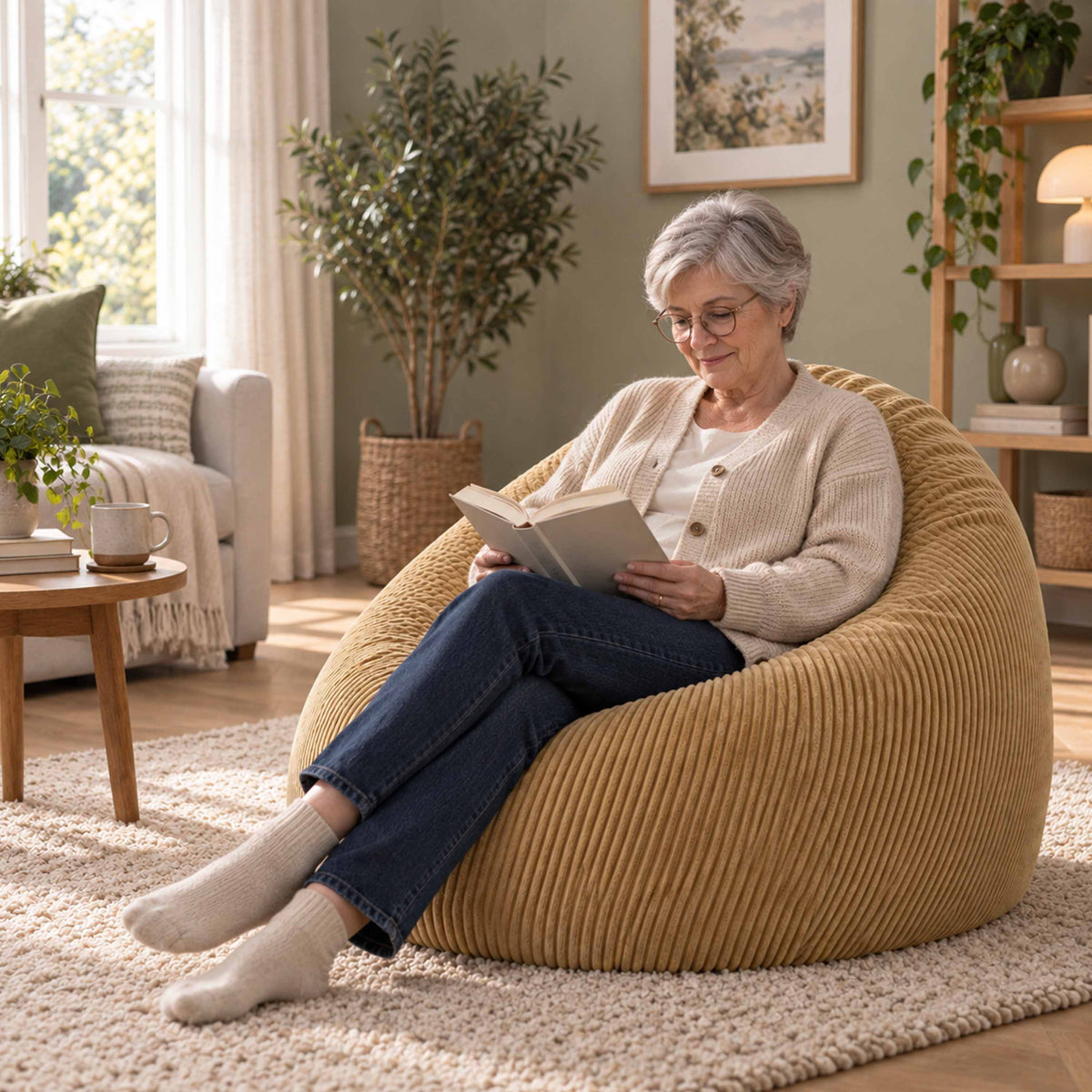 Pouf Poire Velours Côtelé Beige doré, fauteuil poire en velours côtelé beige doré rempli de billes polystyrène, salon chaleureux