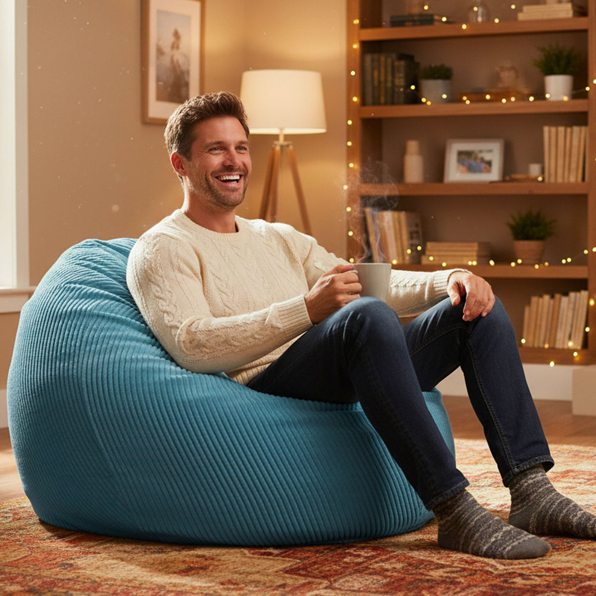 Pouf Poire Velours Côtelé Bleu Ciel, pouf poire en velours côtelé bleu ciel rempli, assise confortable dans un salon chaleureux