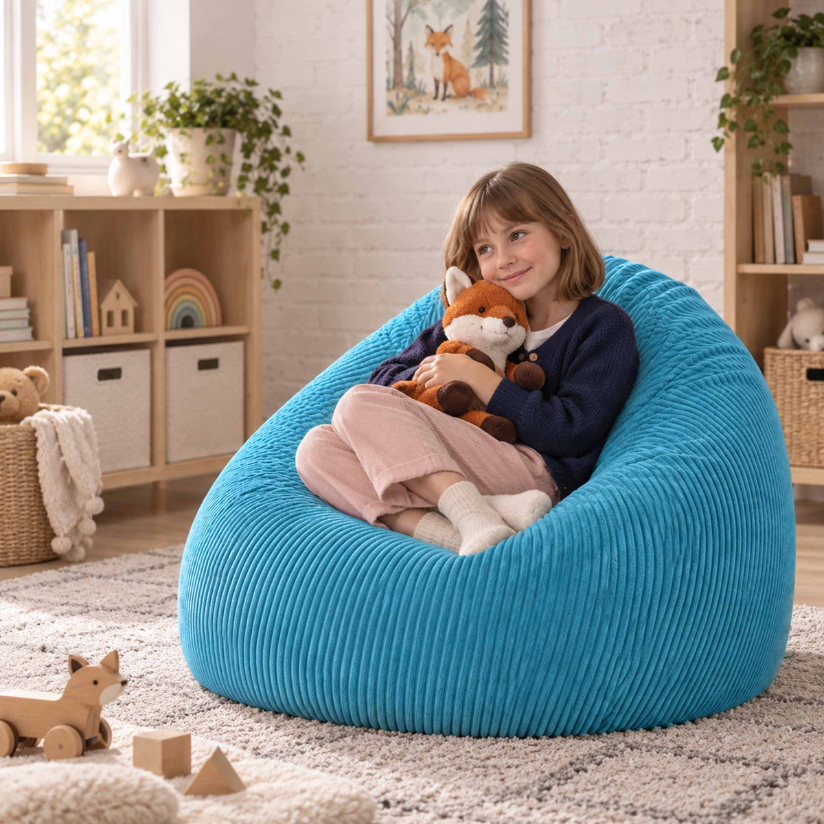 Pouf Poire Velours Côtelé Bleu Ciel, grand pouf poire bleu ciel en velours côtelé pour enfant, rempli de billes polystyrène