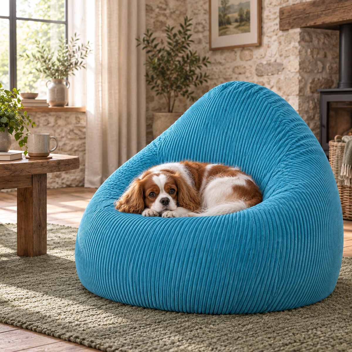 Pouf Poire Velours Côtelé Bleu Ciel, assise cosy en velours côtelé bleu ciel avec chien sur le pouf décor salon