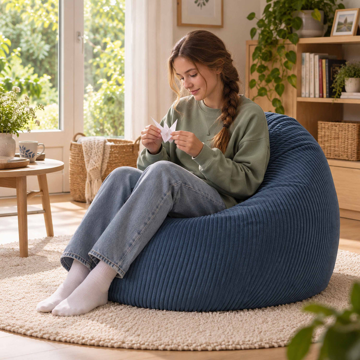 Pouf Poire Velours Côtelé Bleu denim, assise confortable en salon, velours côtelé bleu denim et soutien ergonomique