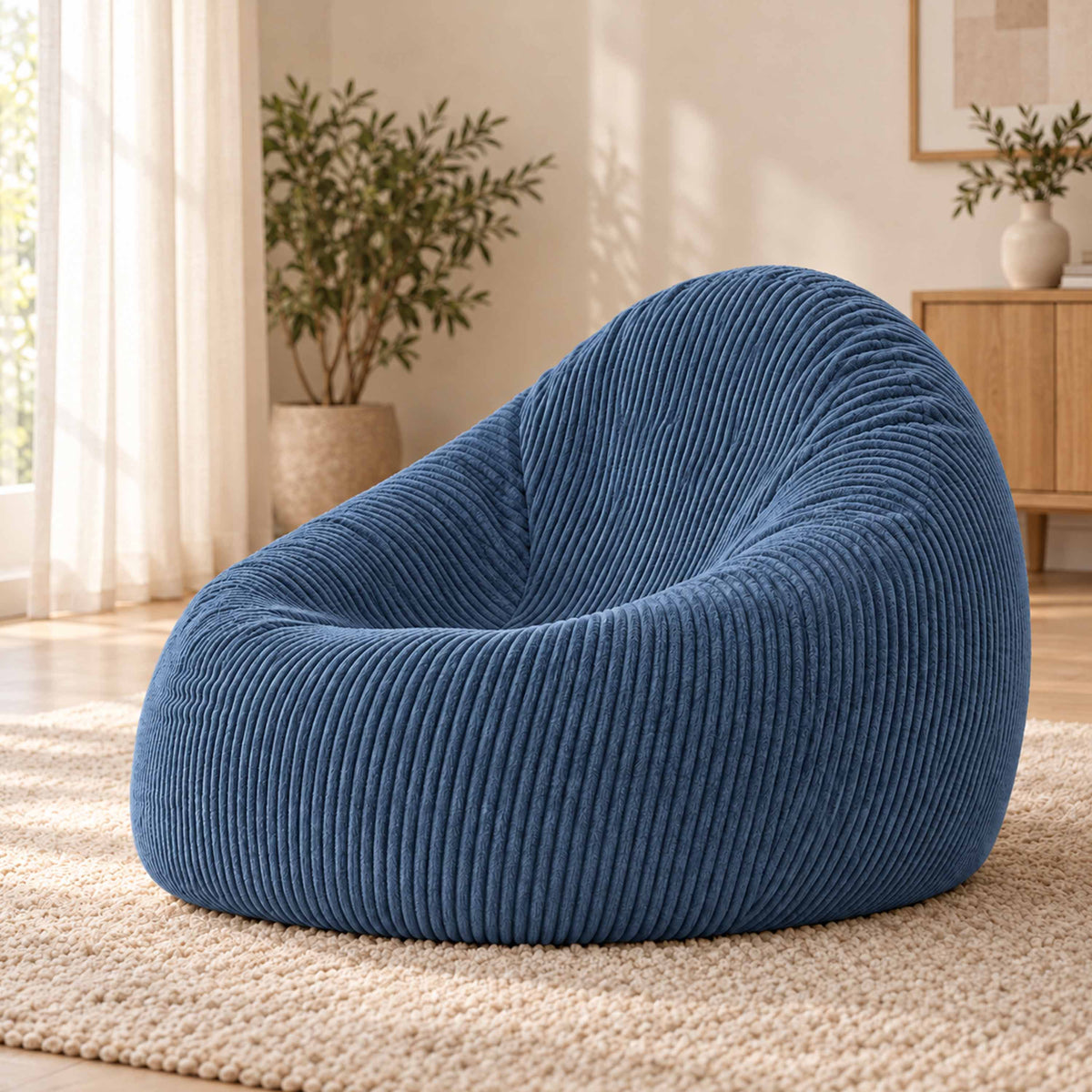 Pouf Poire Velours Côtelé Bleu denim, assise poire en velours côtelé bleu denim, confort immédiat pour salon et chambre