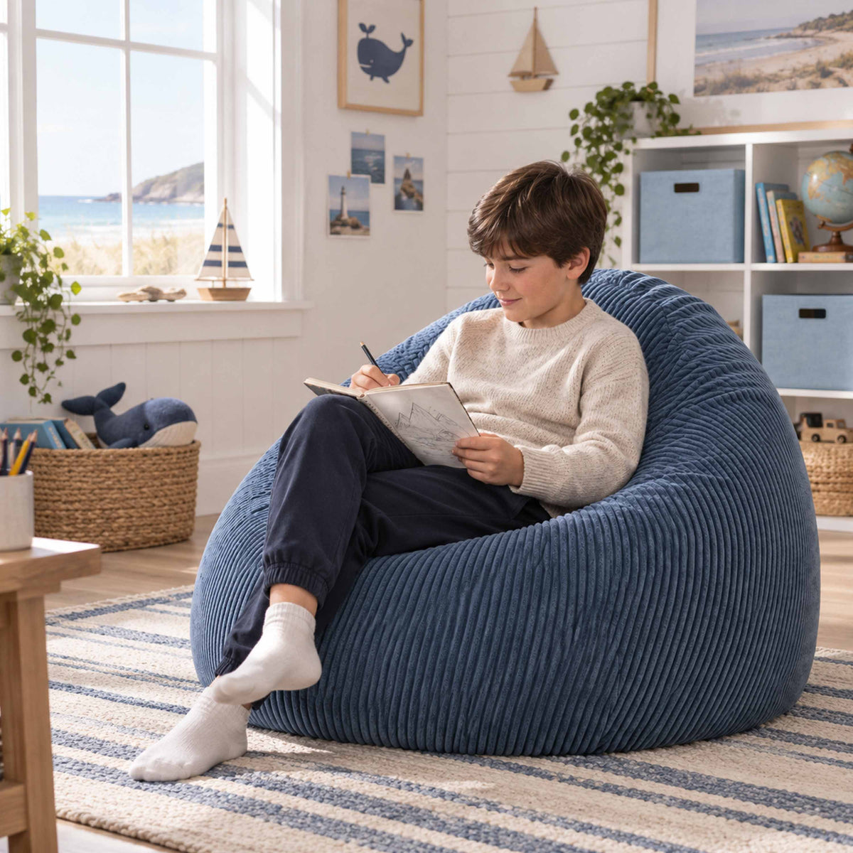 Pouf Poire Velours Côtelé Bleu denim : pouf poire biG52 en velours côtelé bleu denim, prêt à l’emploi, assise confortable