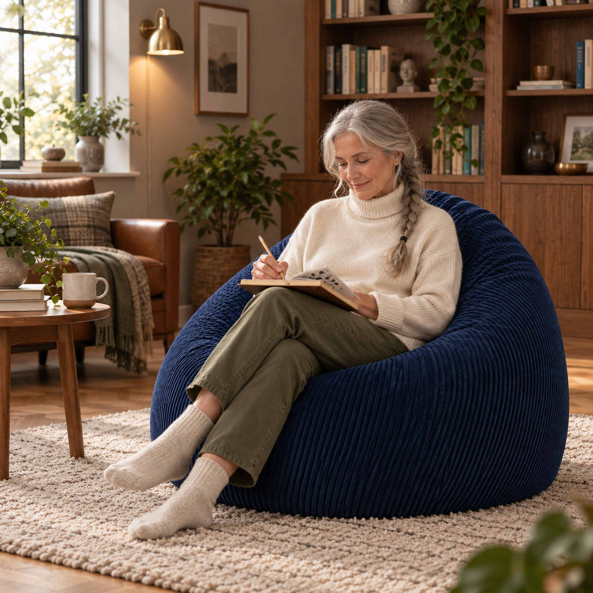 Pouf Poire Velours Côtelé Bleu Marine : fauteuil poire en velours côtelé bleu marine pour lecture, prêt à l’emploi, confort immédiat