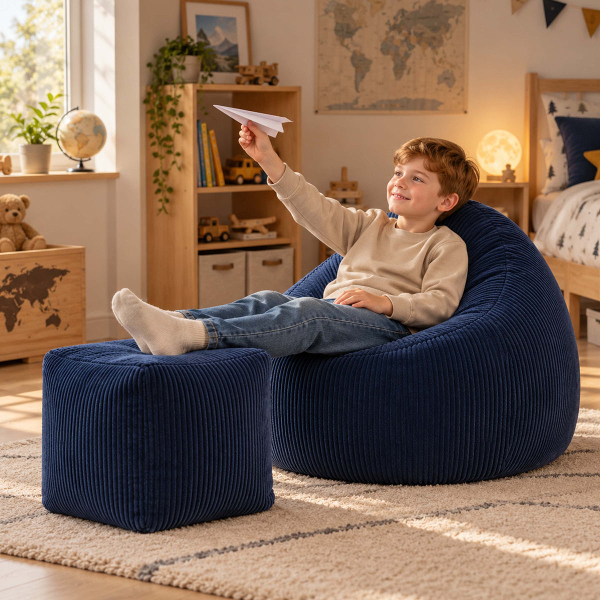 Pouf Poire Velours Côtelé Bleu Marine pour enfant, détente dans un salon, assise confortable en velours côtelé bleu marine