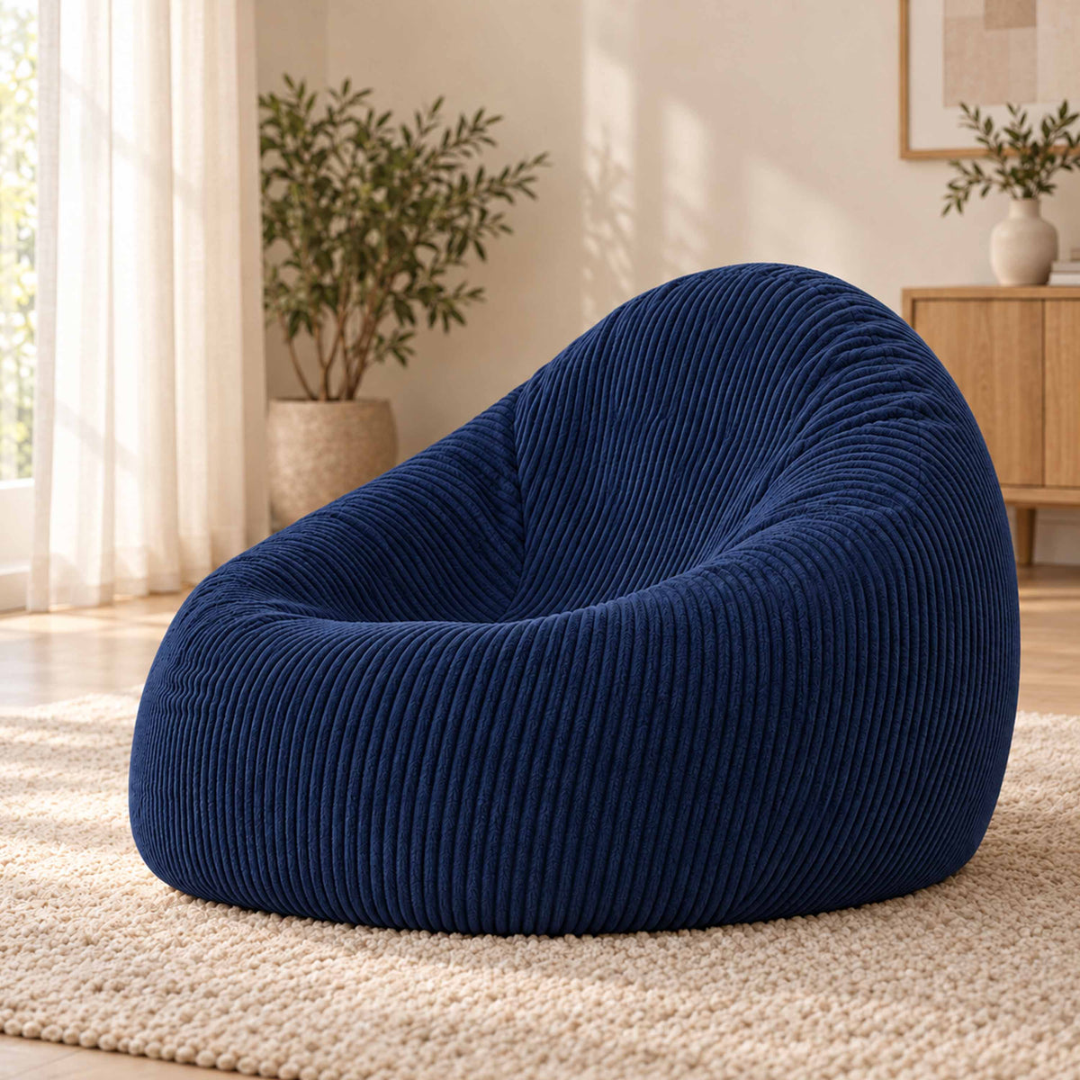 Pouf Poire Velours Côtelé Bleu Marine en velours côtelé bleu marine, installé dans un salon moderne, assise confortable