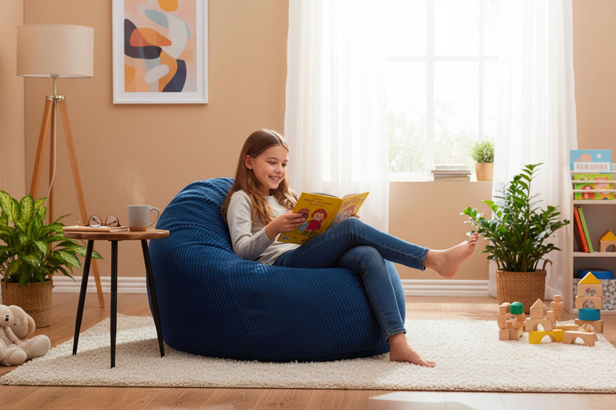 Pouf Poire Velours Côtelé Bleu Marine pour enfant, assise confortable en velours côtelé bleu marine, salon cosy