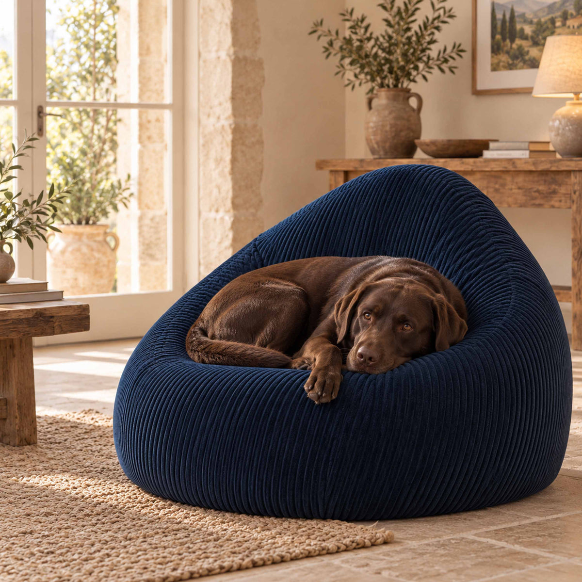 Pouf Poire Velours Côtelé Bleu Marine, assise confort avec coussin poire en velours côtelé bleu marine
