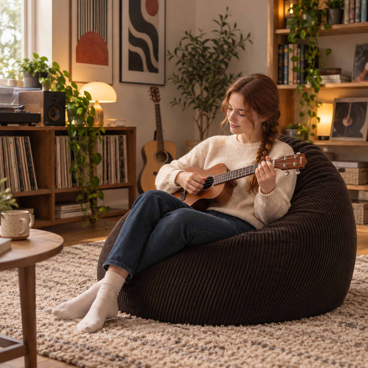 Pouf Poire Velours Côtelé Brun espresso, pouf poire en velours côtelé brun pour assise confortable dans le salon