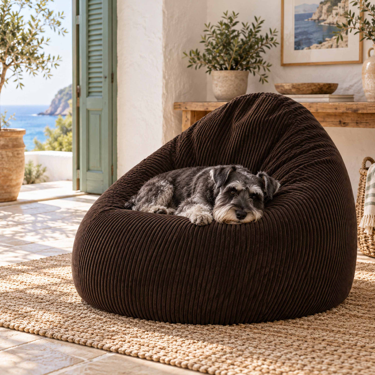 Pouf Poire Velours Côtelé Brun espresso : pouf biG52 en velours côtelé brun, confort assise, ambiance salon avec chien