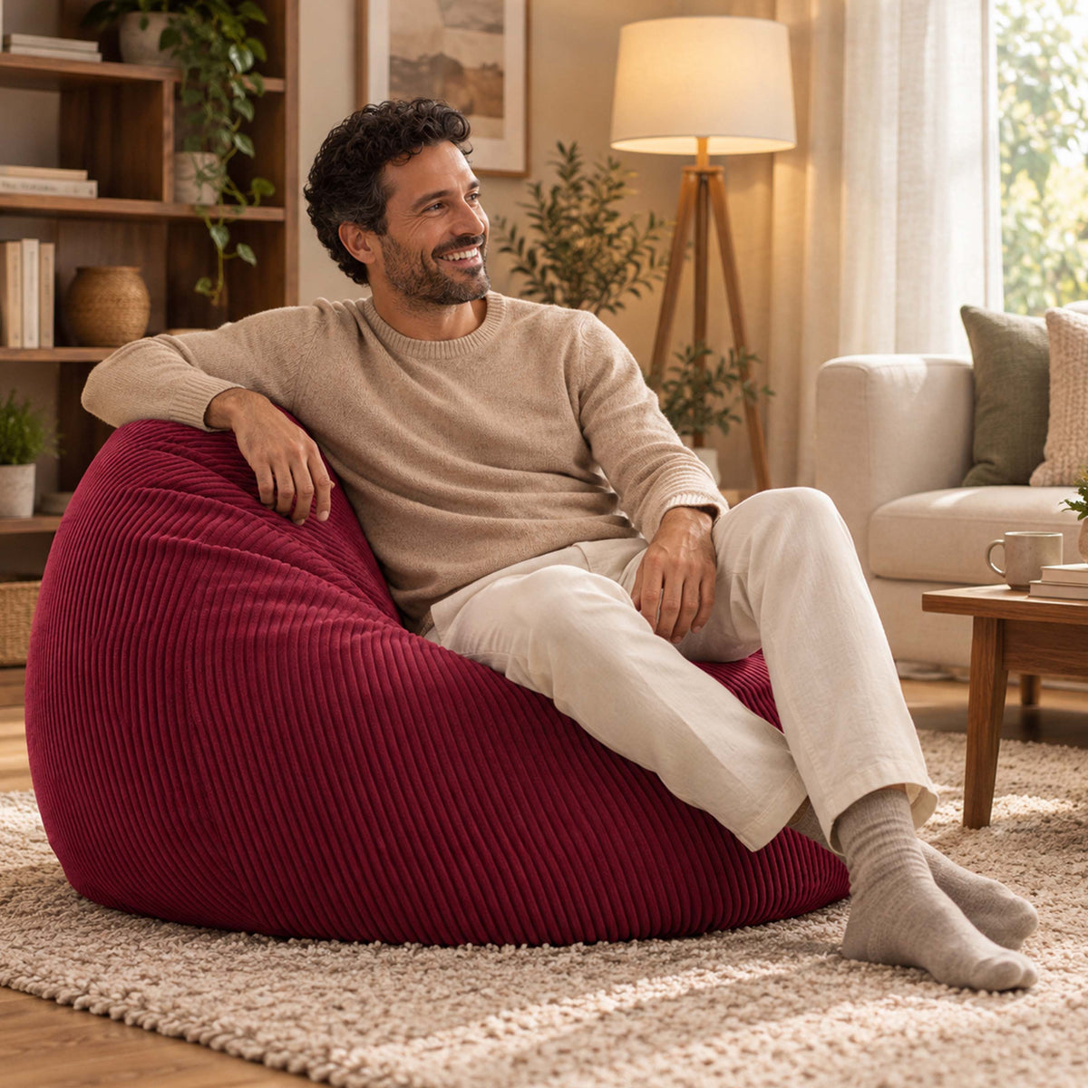 Pouf Poire Velours Côtelé Cerise : homme détendu dans un salon, pouf en velours côtelé cerise rempli de billes polystyrène