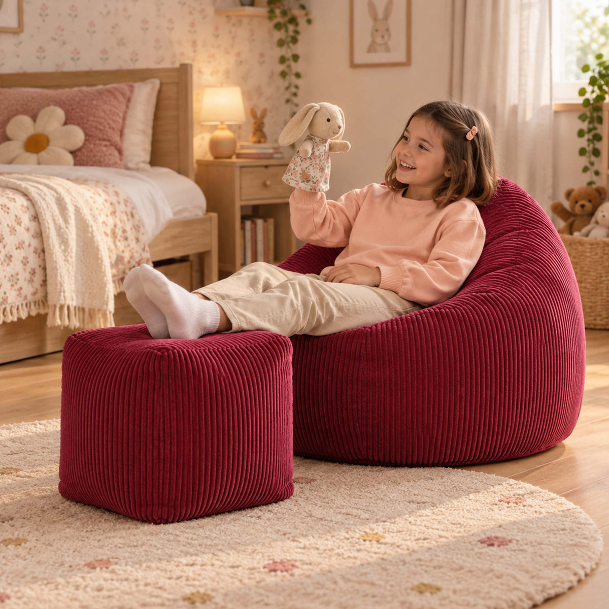 Pouf Poire Velours Côtelé Cerise, pouf en velours côtelé cerise pour enfant, relax en chambre avec peluche