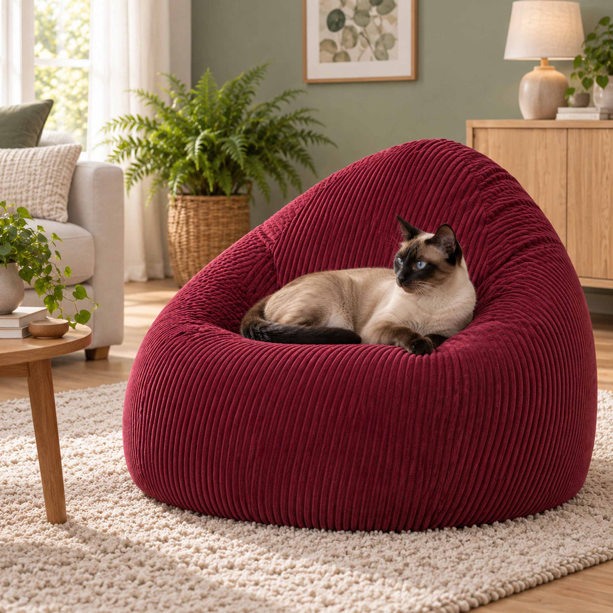 Pouf Poire Velours Côtelé Cerise : pouf poire en velours côtelé cerise au salon, avec chat assis