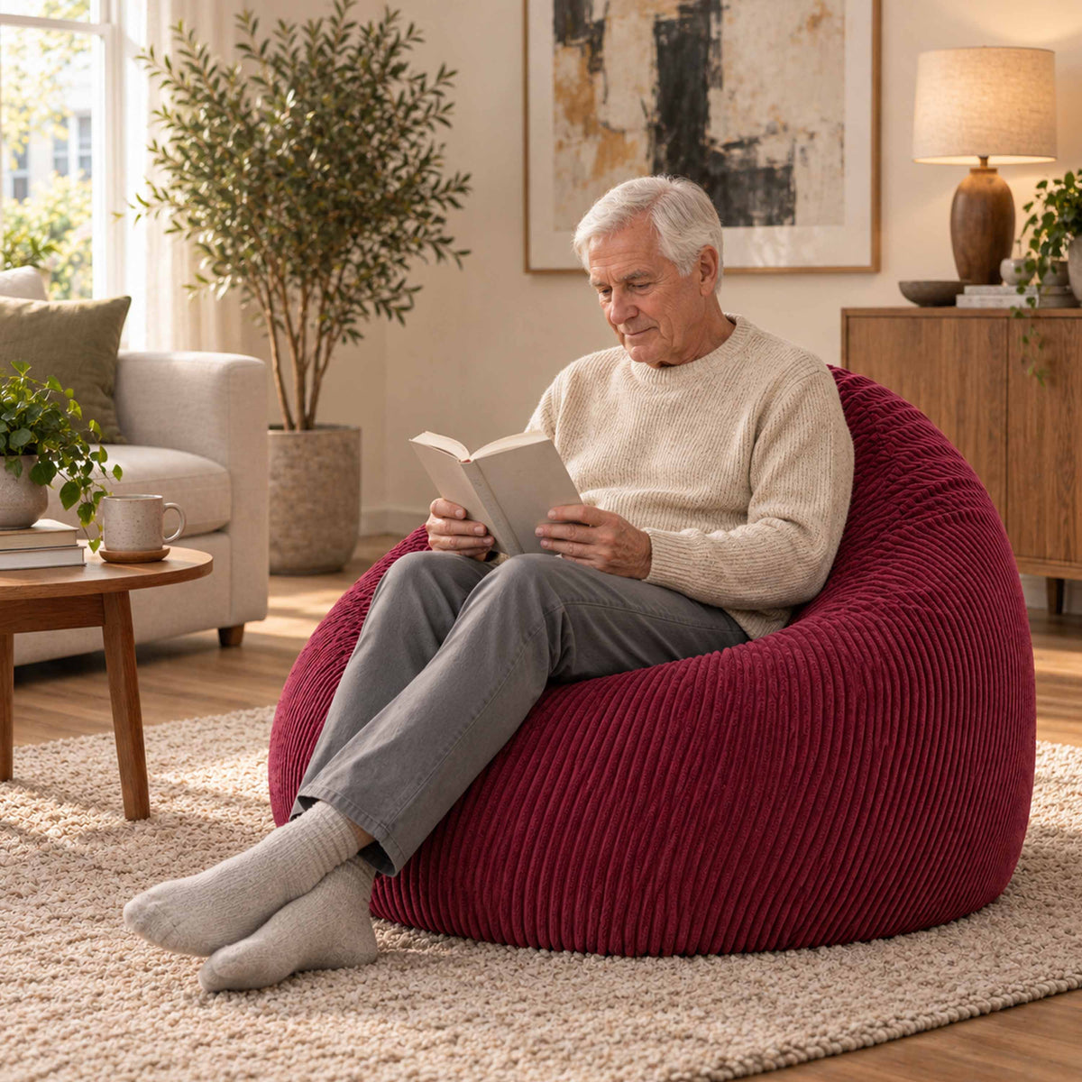 Pouf Poire Velours Côtelé Cerise, confort pour lecture sur salon, fauteuil poire en velours côtelé cerise