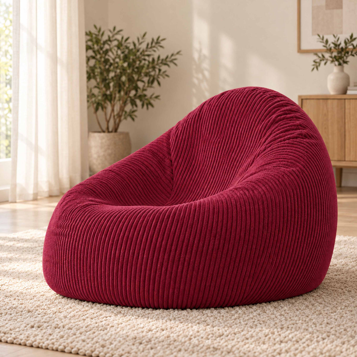 Pouf Poire Velours Côtelé Cerise, grand pouf poire en velours côtelé cerise pour salon, assise confortable