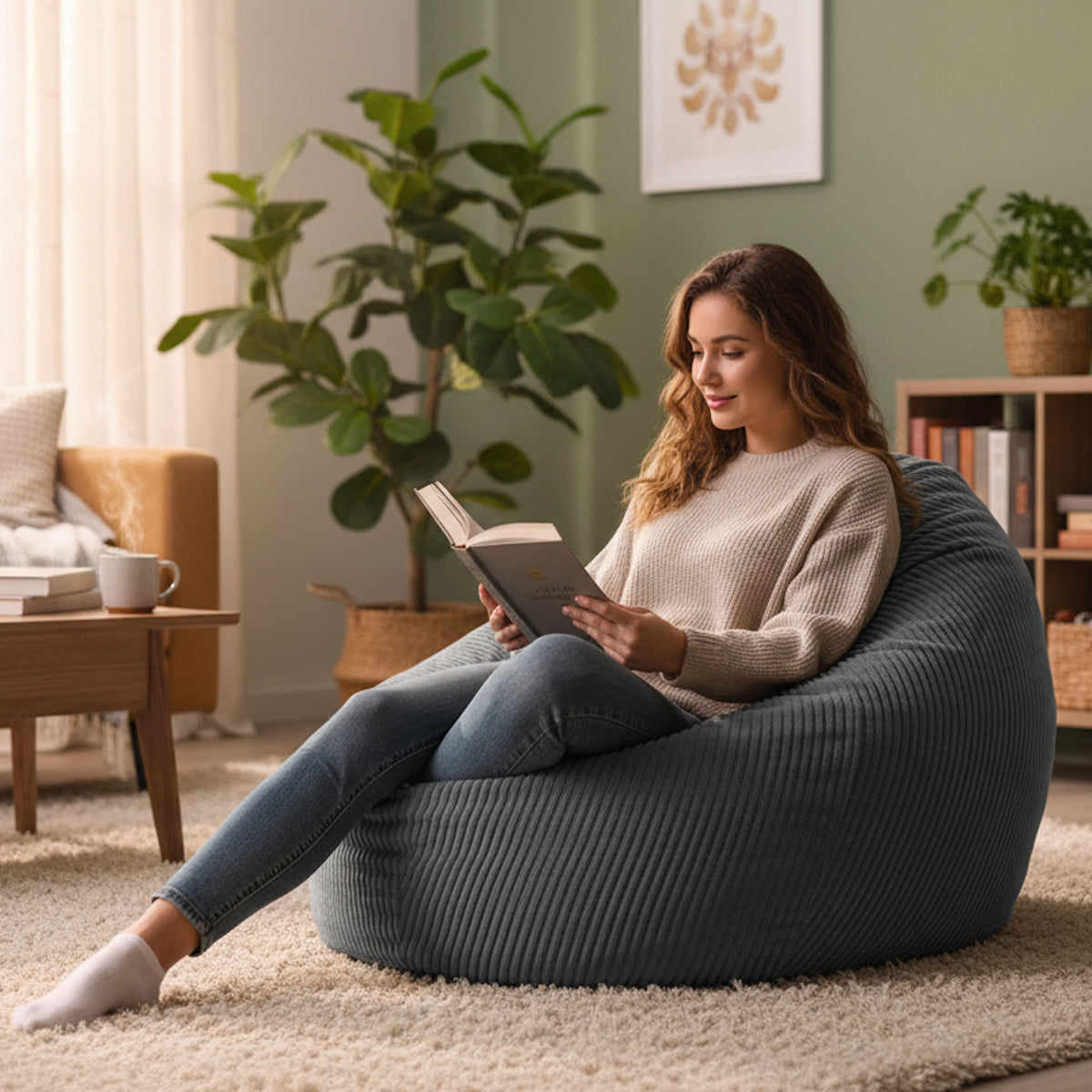 Pouf Poire Velours Côtelé Gris en velours côtelé gris, assise déhoussable, confort pour lecture dans un salon moderne
