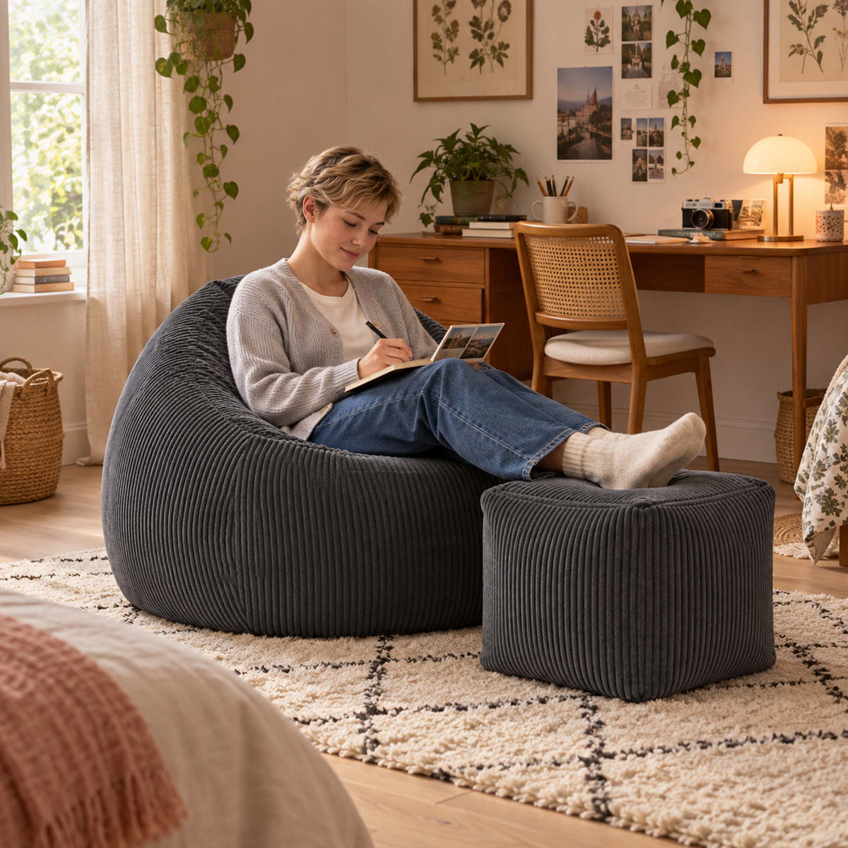 Pouf Poire Velours Côtelé Gris, pouf biG52 en velours côtelé gris avec billes polystyrène, installé dans un salon chaleureux