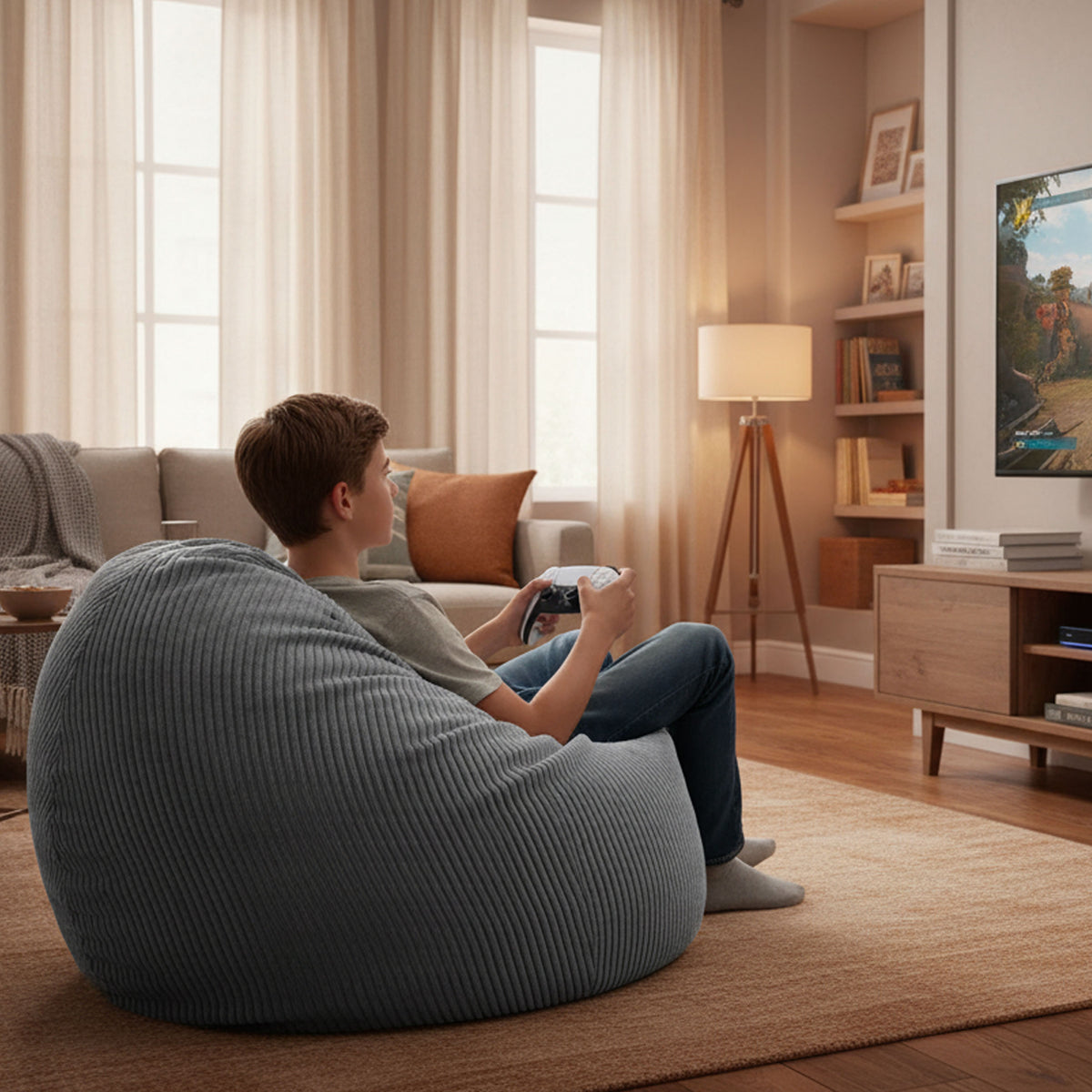 Pouf Poire Velours Côtelé Gris, pouf poire rembourré, déhoussable, assise confort salon moderne