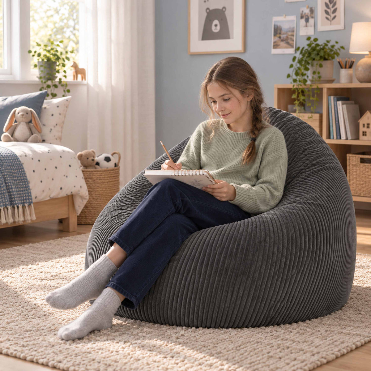 Pouf Poire Velours Côtelé Gris, grand pouf poire déhoussable en velours côtelé gris pour salon et lecture