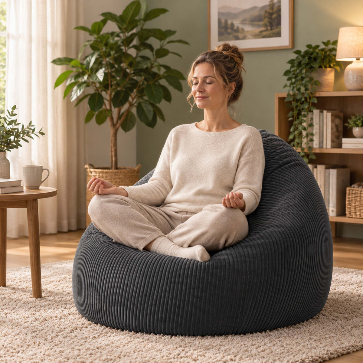 Pouf Poire Velours Côtelé Gris, grand fauteuil poire en velours côtelé gris pour détente au salon, habillé et confortable