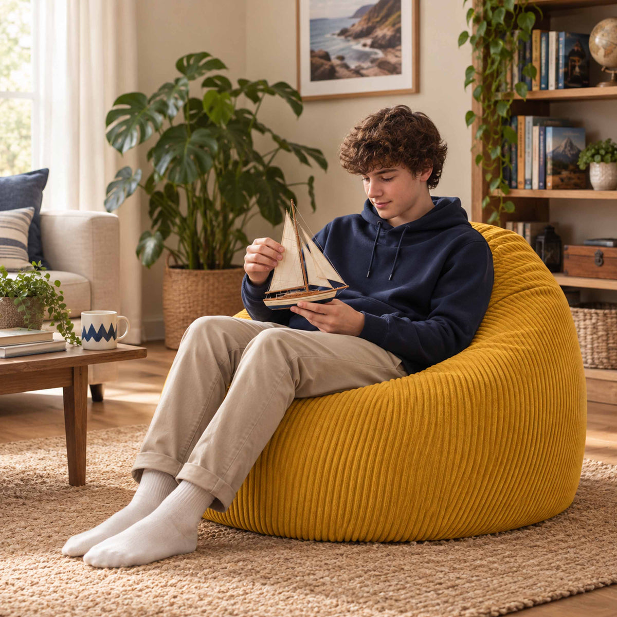 Pouf Poire Velours Côtelé Jaune moutarde, pouf poire rempli, assise confortable en velours côtelé jaune moutarde, salon cosy