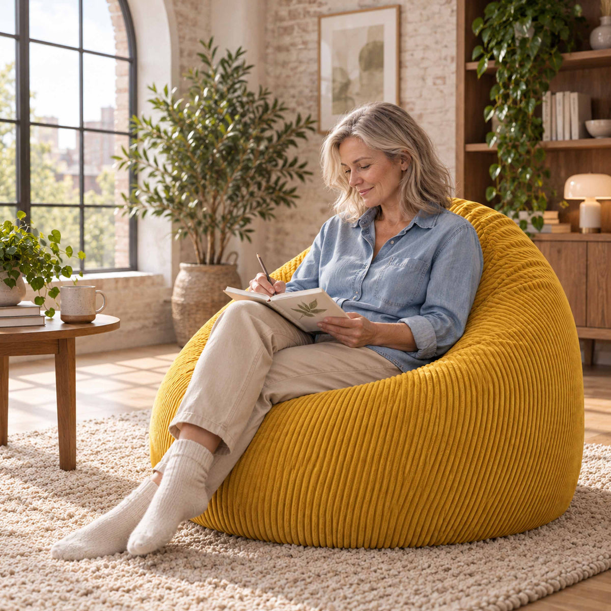 Pouf Poire Velours Côtelé Jaune moutarde : fauteuil poire en velours côtelé jaune moutarde, confort ergonomique pour lecture détente