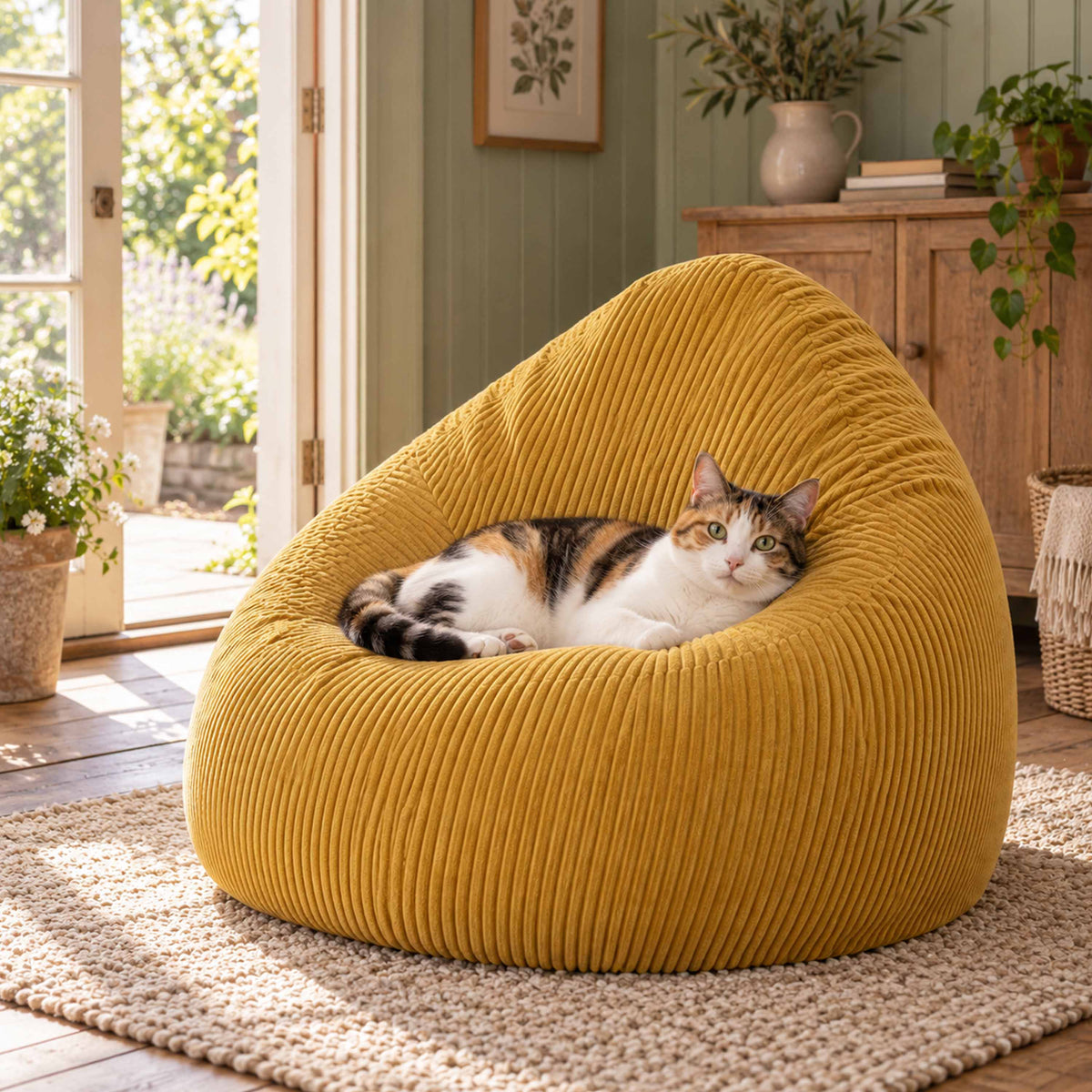 Pouf Poire Velours Côtelé Jaune moutarde, assise enveloppante en velours côtelé jaune moutarde pour salon, avec chats