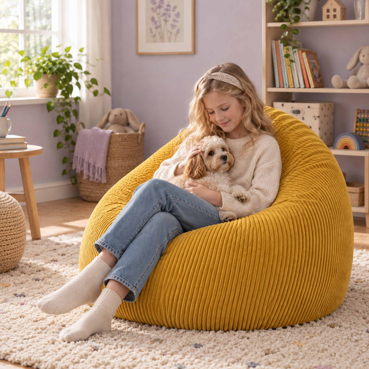 Pouf Poire Velours Côtelé Jaune moutarde : pouf poire jaune en velours côtelé, confort assise pour enfant en salon