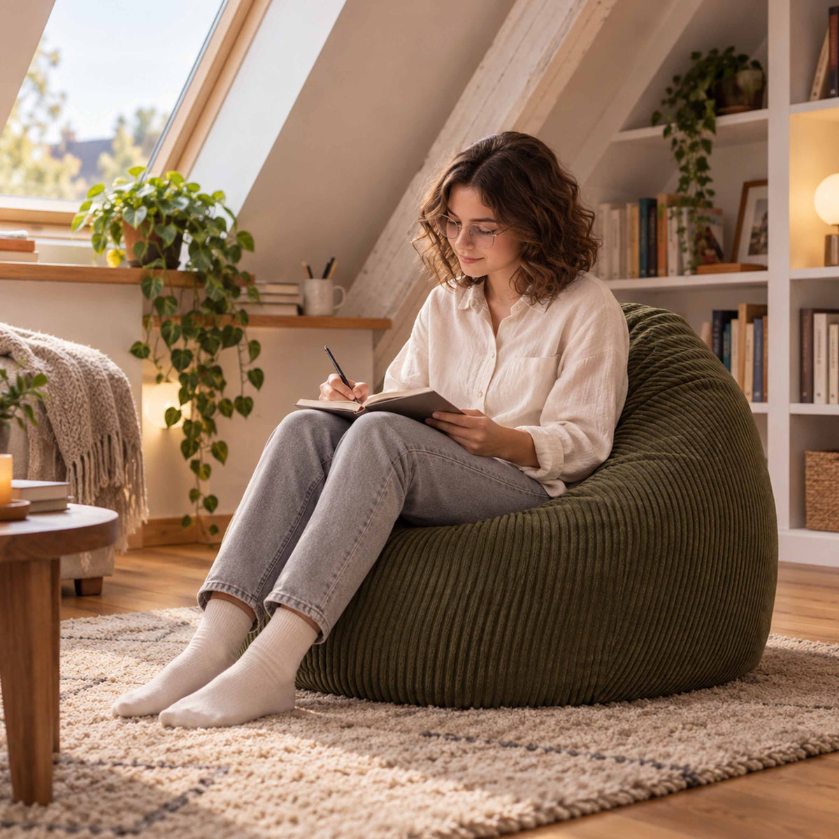 Pouf Poire Velours Côtelé Kaki foncé, assise confort en velours côtelé kaki foncé, intérieur salon lumineux