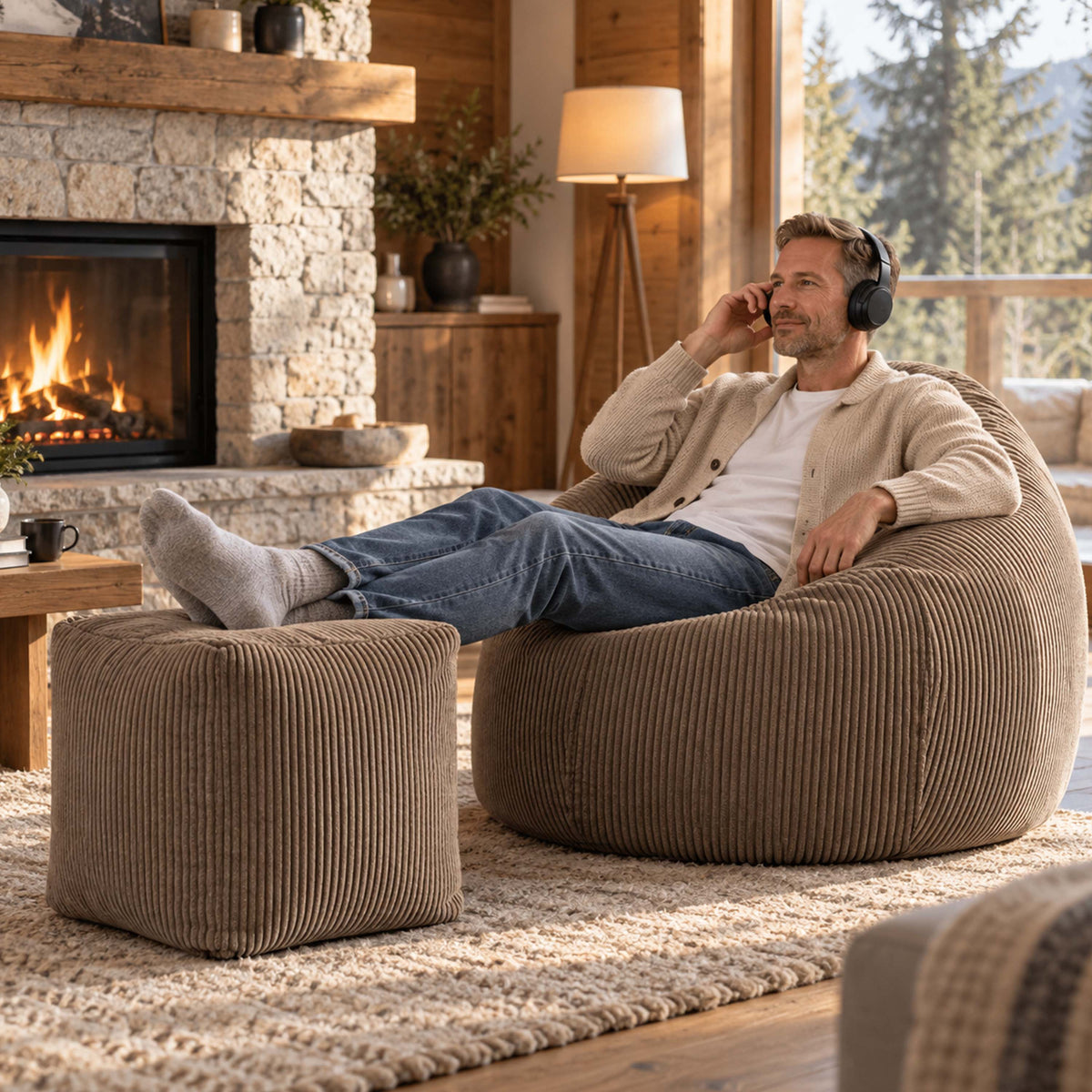 Pouf Poire Velours Côtelé Marron, fauteuil design en velours côtelé marron pour salon cosy près du feu