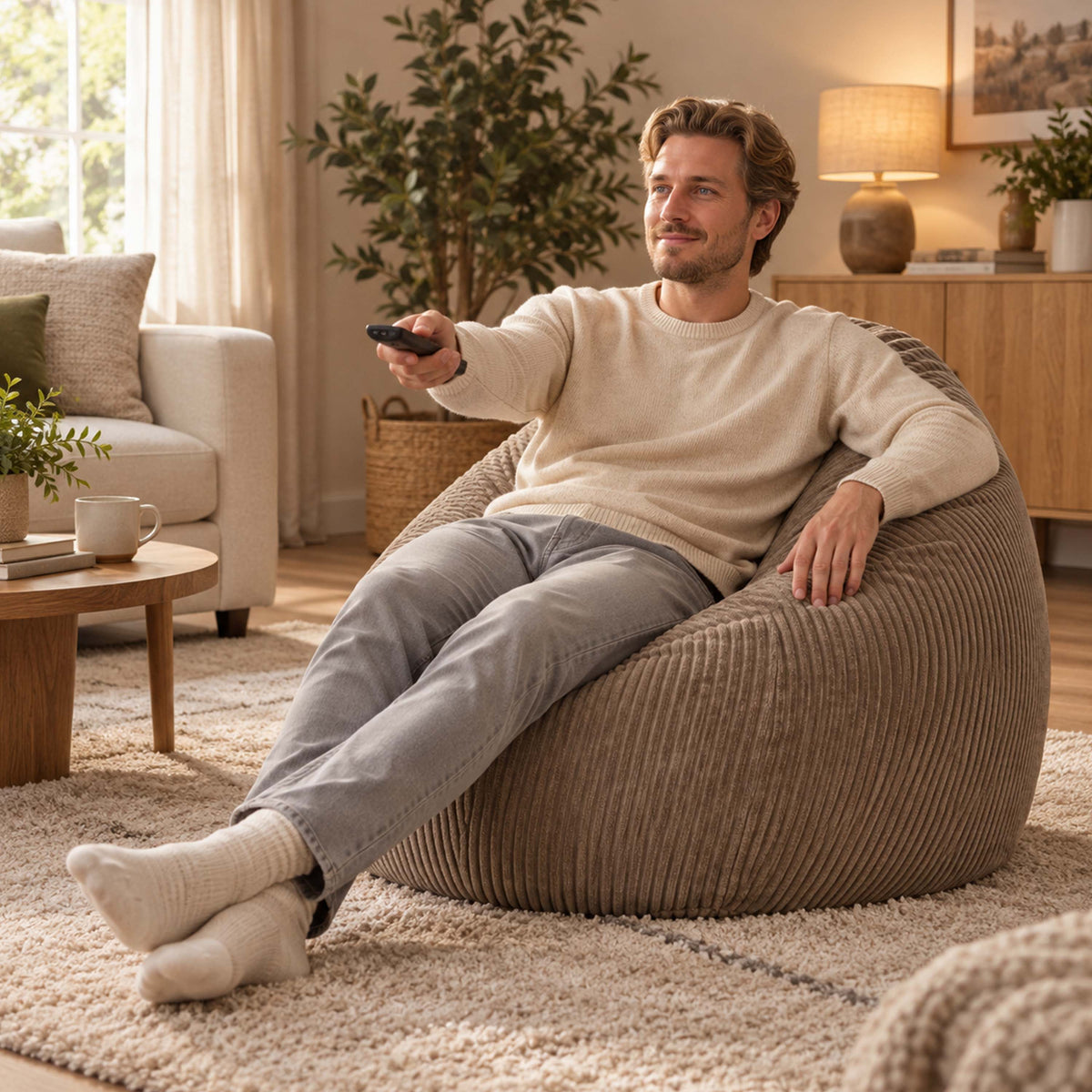 Pouf Poire Velours Côtelé Marron, pouf poire rempli de billes polystyrène, assise confortable dans un salon chaleureux