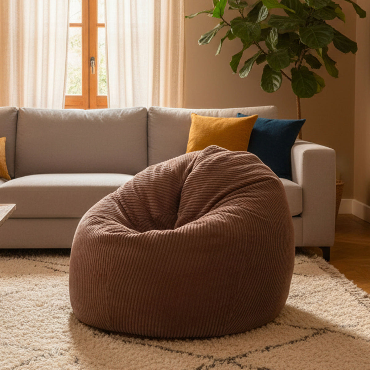 Pouf Poire Velours Côtelé Marron, intérieur salon cosy avec pouf poire en velours côtelé marron rempli de billes polystyrène
