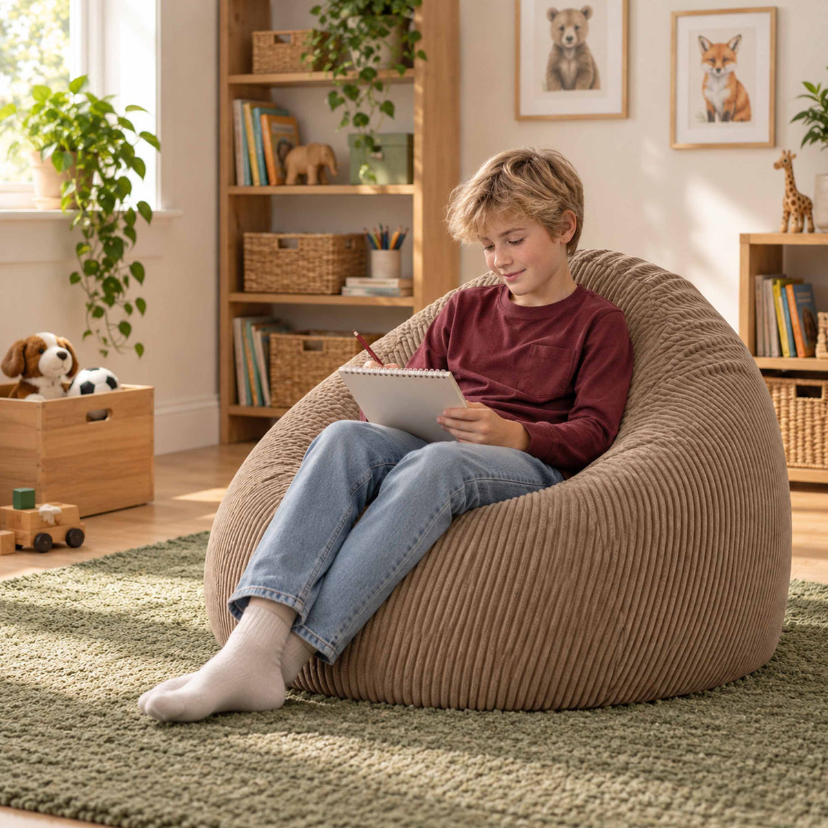 Pouf Poire Velours Côtelé Marron, grand pouf poire marron en velours côtelé pour enfant, assis confort lecture au salon