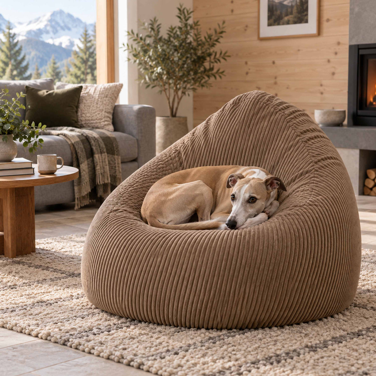 Pouf Poire Velours Côtelé Marron, poire en velours côtelé marron pour salon confortable, avec chien allongé