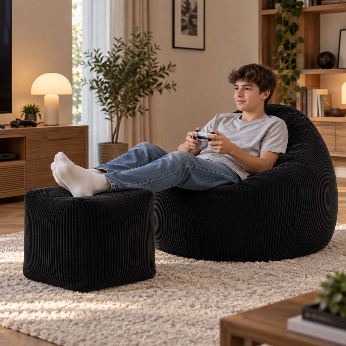 Pouf Poire Velours Côtelé Noir, pouf en velours côtelé noir rempli de billes polystyrène, idéal pour se relaxer au salon