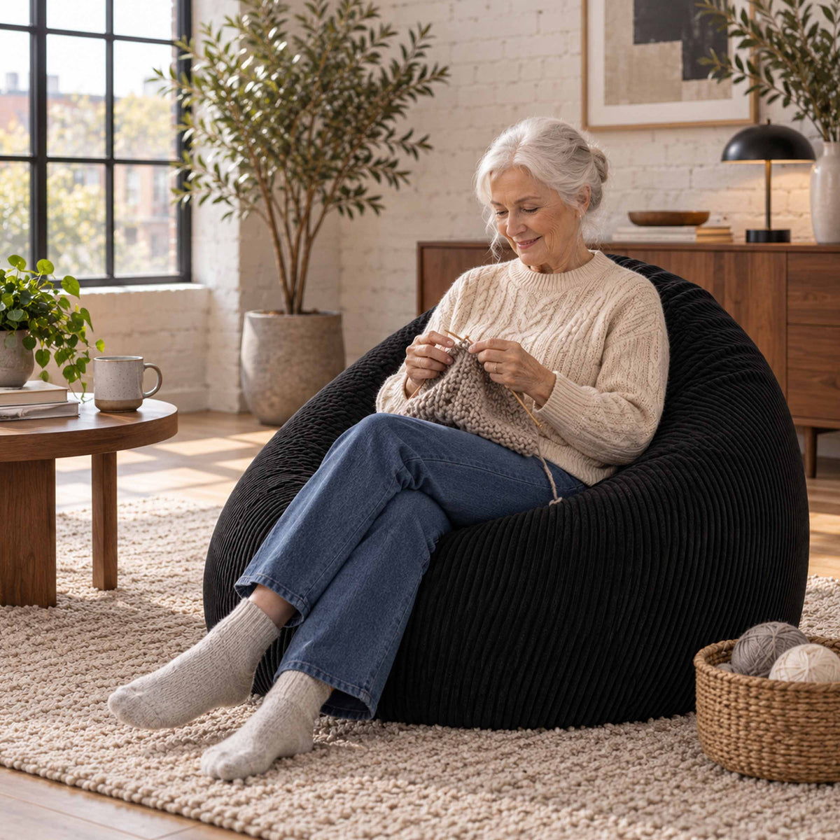 Pouf Poire Velours Côtelé Noir : assise confortable en velours côtelé noir pour salon, adulte à la maison
