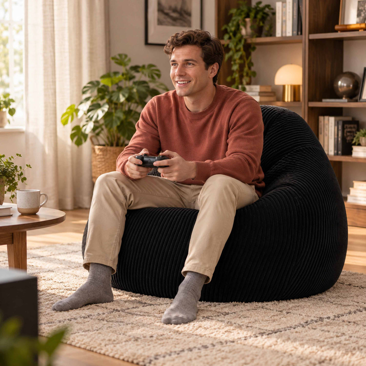 Pouf Poire Velours Côtelé Noir : homme assis confort salon, coussin poire rempli de billes polystyrène, velours côtelé noir