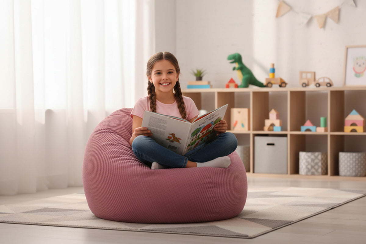 Pouf Poire Velours Côtelé Rose : enfant lisant confortablement sur un pouf poire rose en velours côtelé.