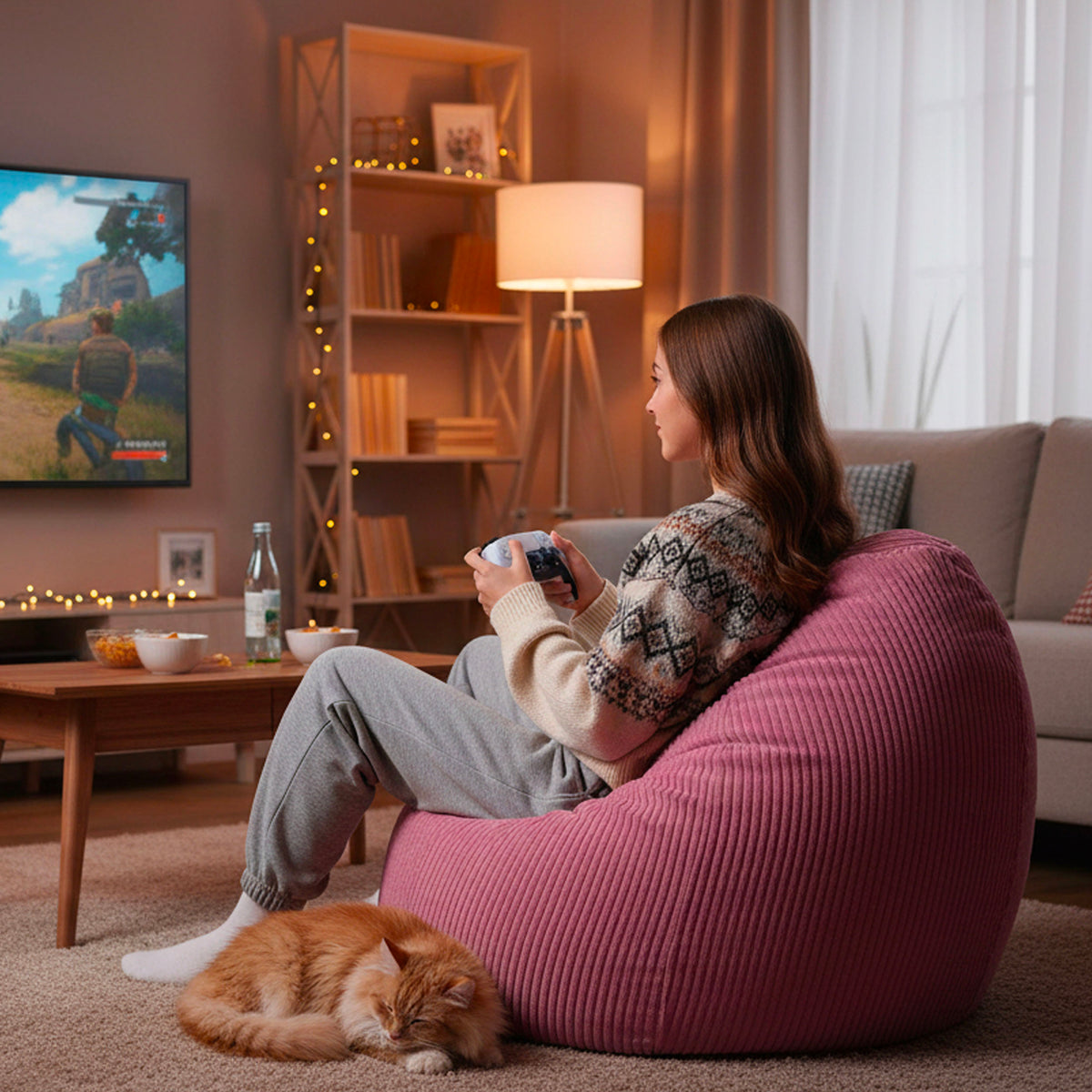 Pouf Poire Velours Côtelé Rose : détente sur canapé, velours côtelé rose dans un salon cosy, idéal pour lire et se relaxer