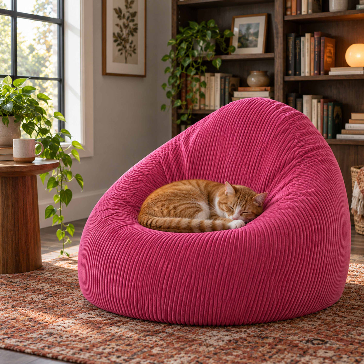Pouf Poire Velours Côtelé Rose : pouf poire en velours côtelé rose avec chat endormi, salon cosy