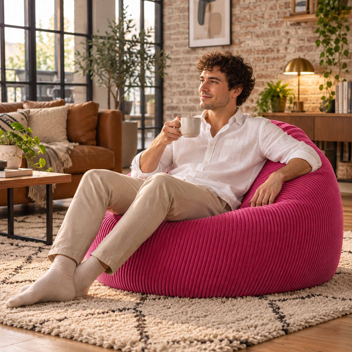 Pouf Poire Velours Côtelé Rose, fauteuil poire rose en velours côtelé, déhoussable, confort détente salon moderne