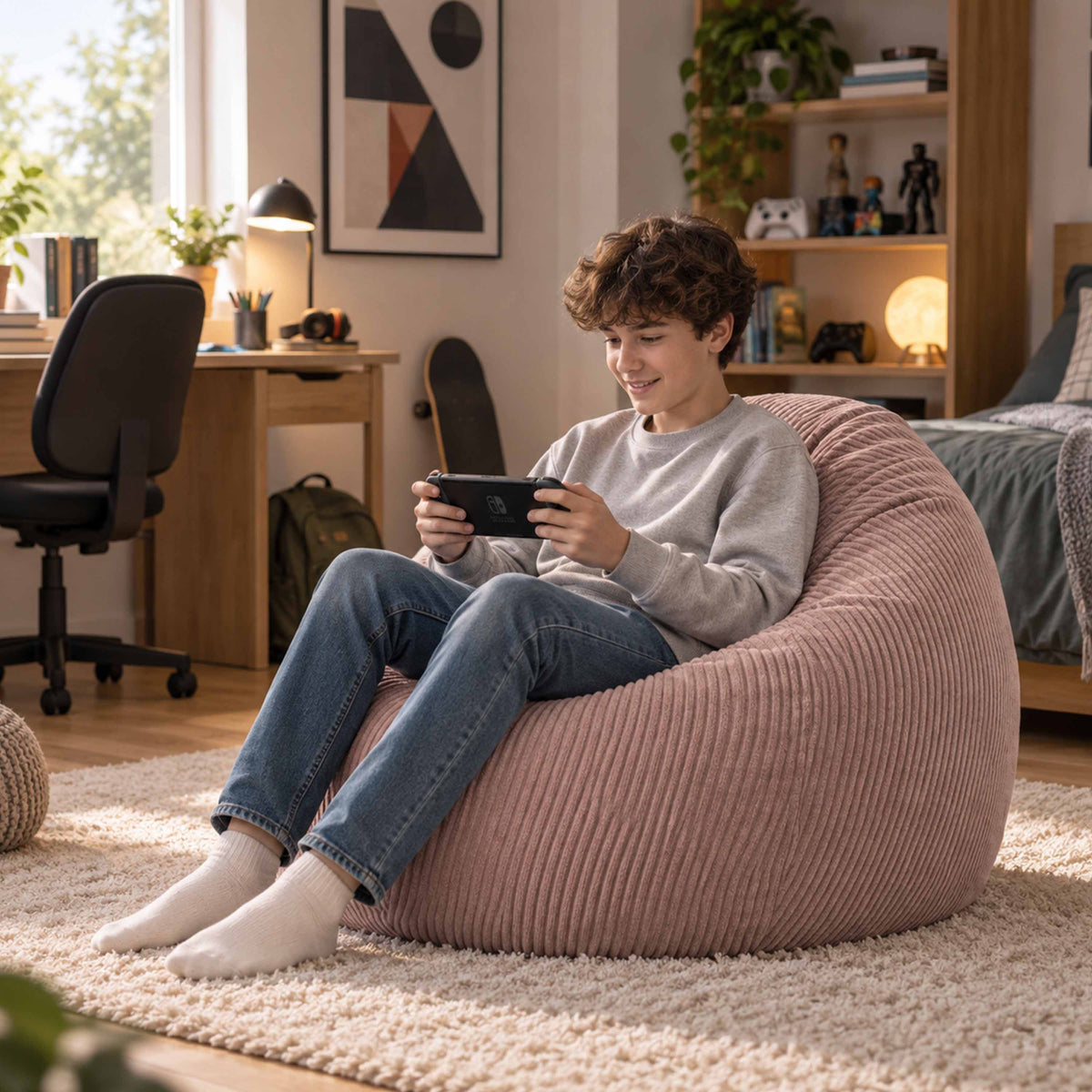 Pouf Poire Velours Côtelé Rose poudré pour enfant, assise confortable en velours côtelé rose poudré dans une chambre