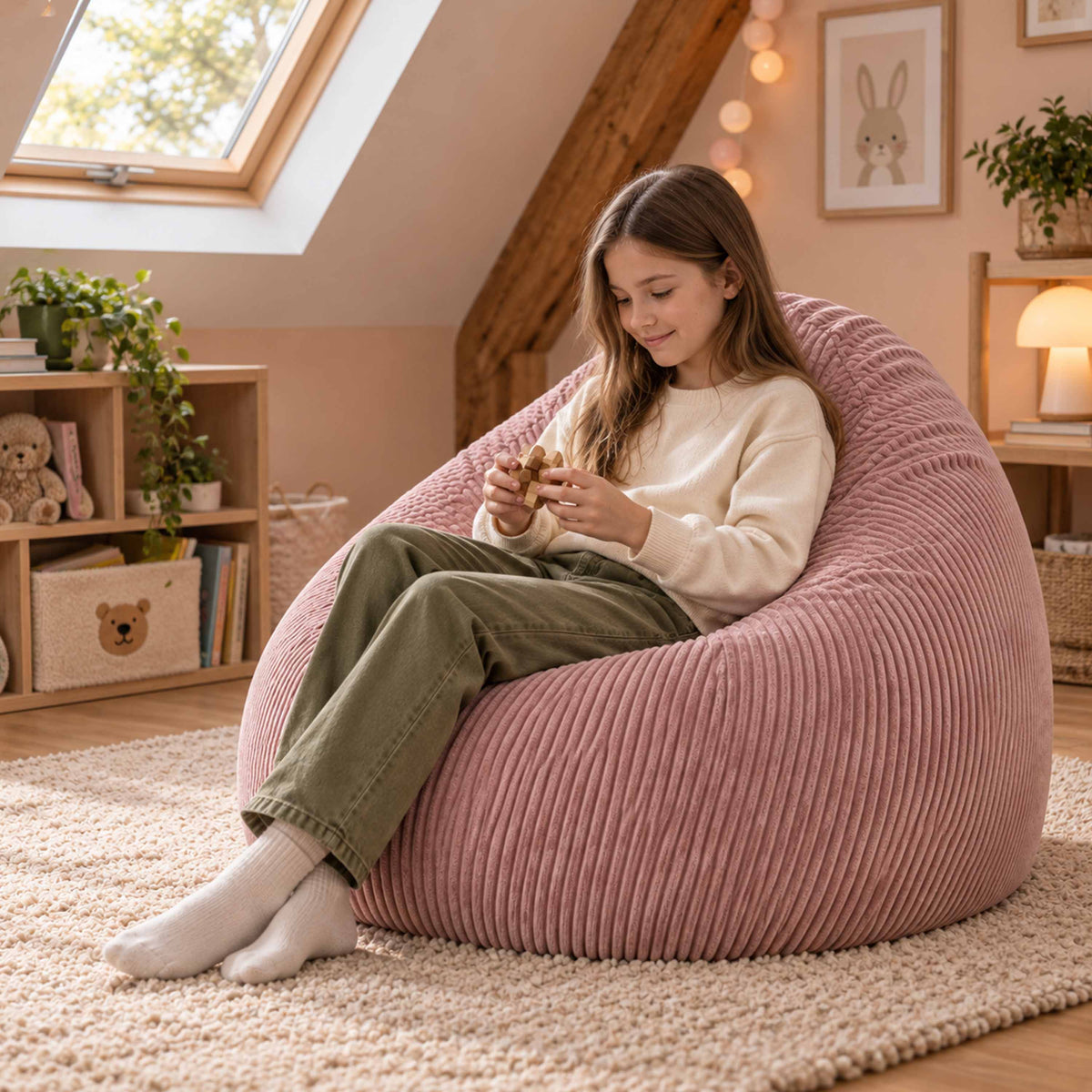 Pouf Poire Velours Côtelé Rose poudré, assise confort dans salon, velours côtelé rayé rose poudré