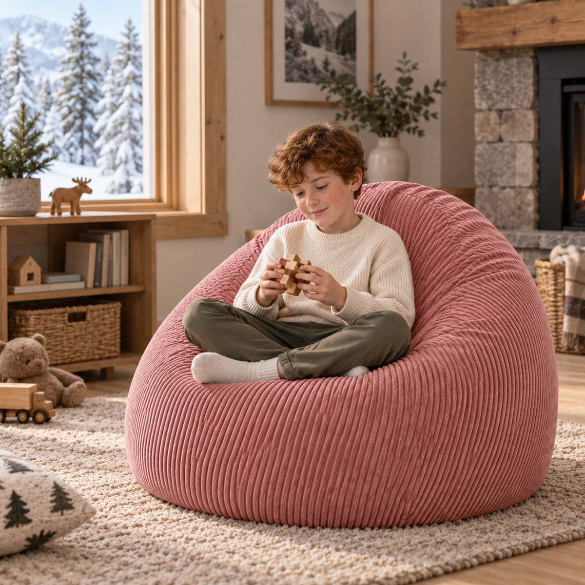 Pouf Poire Velours Côtelé Rose poudré chaud, fauteuil poire rose côtelé en intérieur cosy, enfant assise