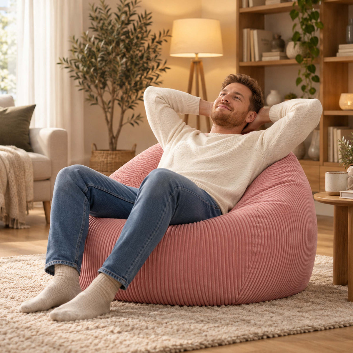 Pouf Poire Velours Côtelé Rose poudré chaud, fauteuil poire confortable en velours côtelé rose poudré chaud