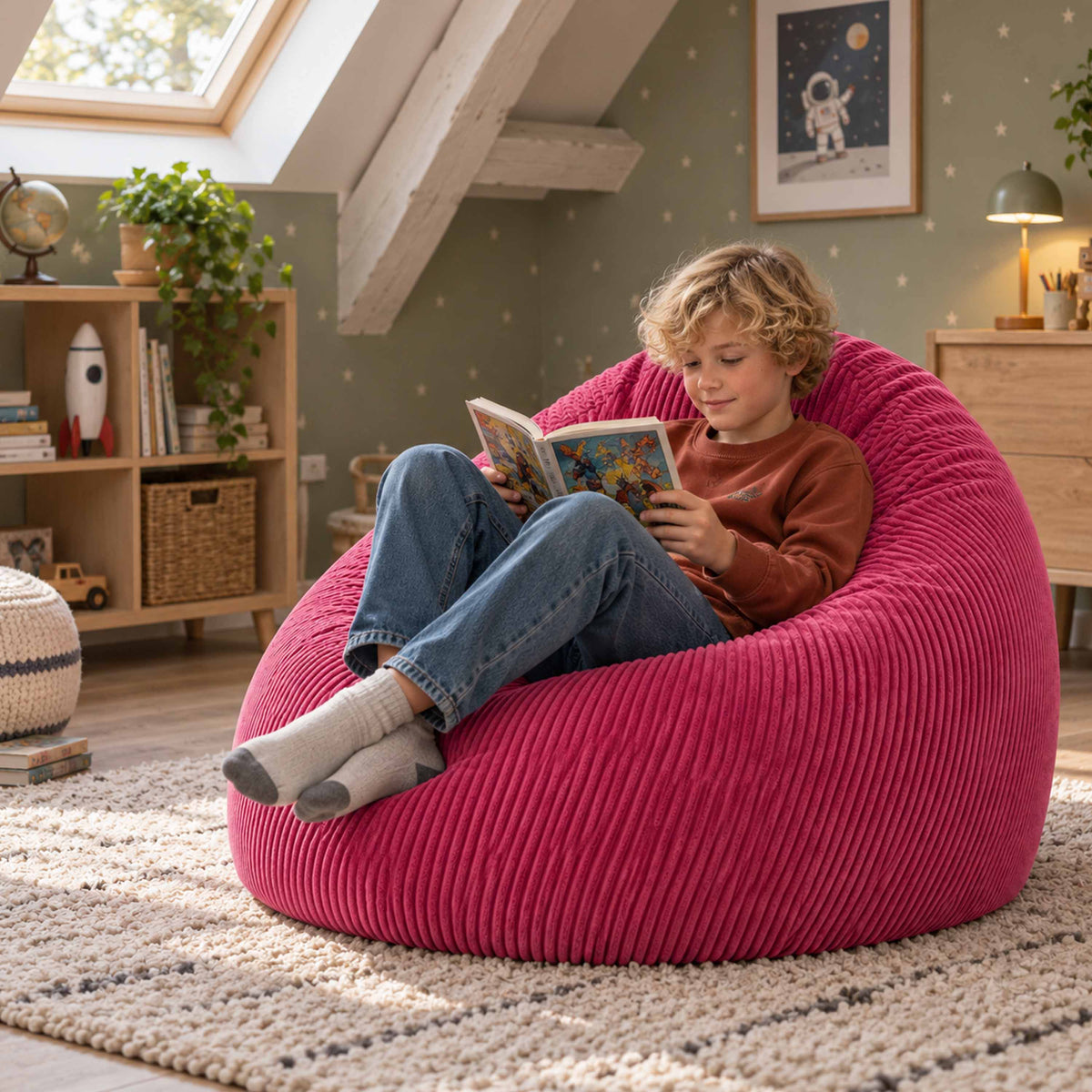Pouf Poire Velours Côtelé Rose, enfant lisant sur poire en velours côtelé rose, salon cosy et confortable