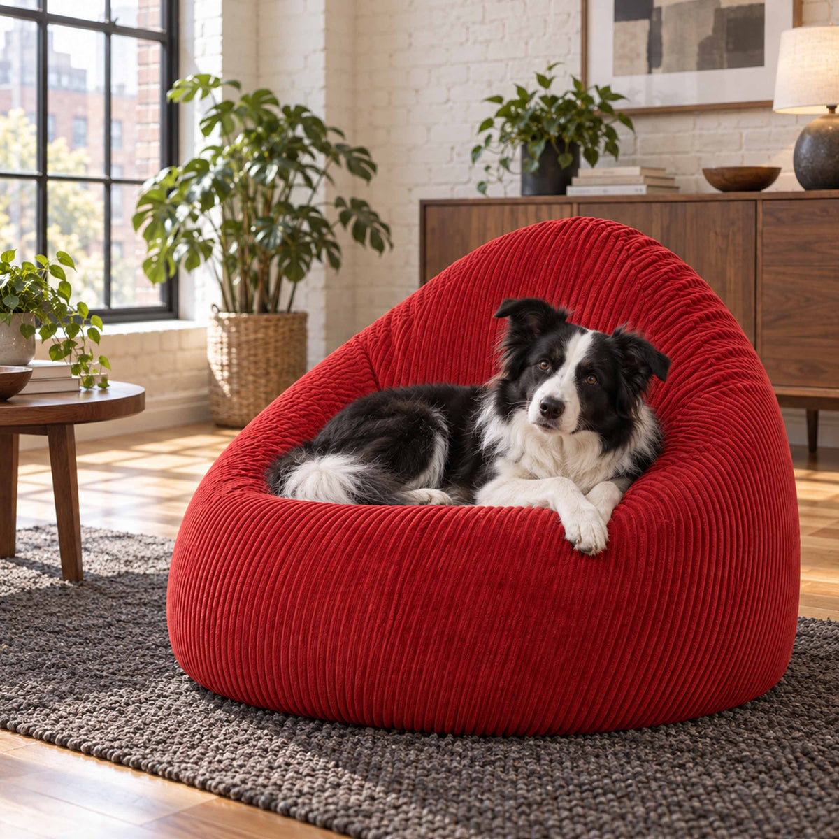 Pouf Poire Velours Côtelé Rouge en velours côtelé rouge, pouf rempli, intérieur moderne avec chien assis