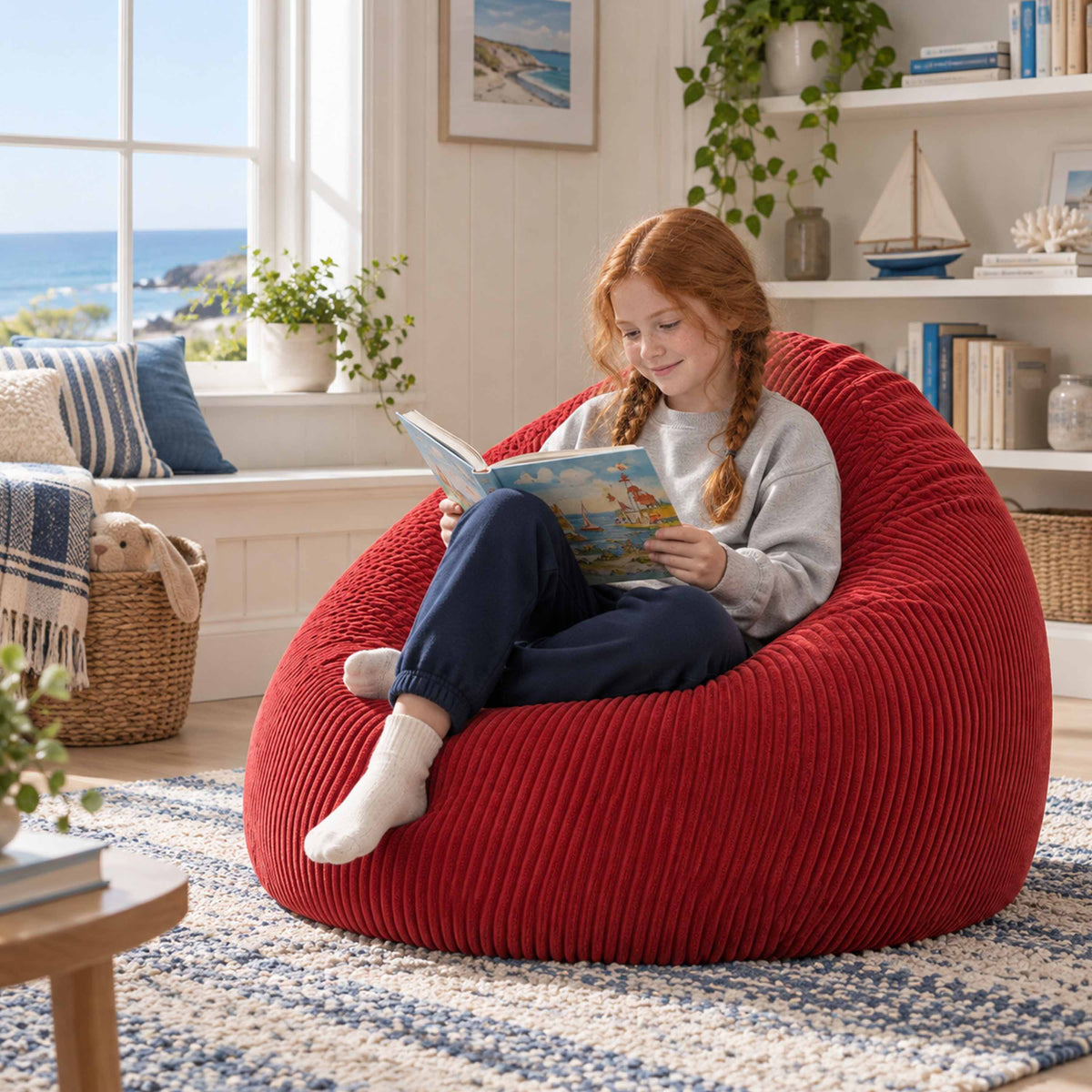 Pouf Poire Velours Côtelé Rouge, pouf en velours côtelé rouge pour lecture, confort immédiat, chambre salon